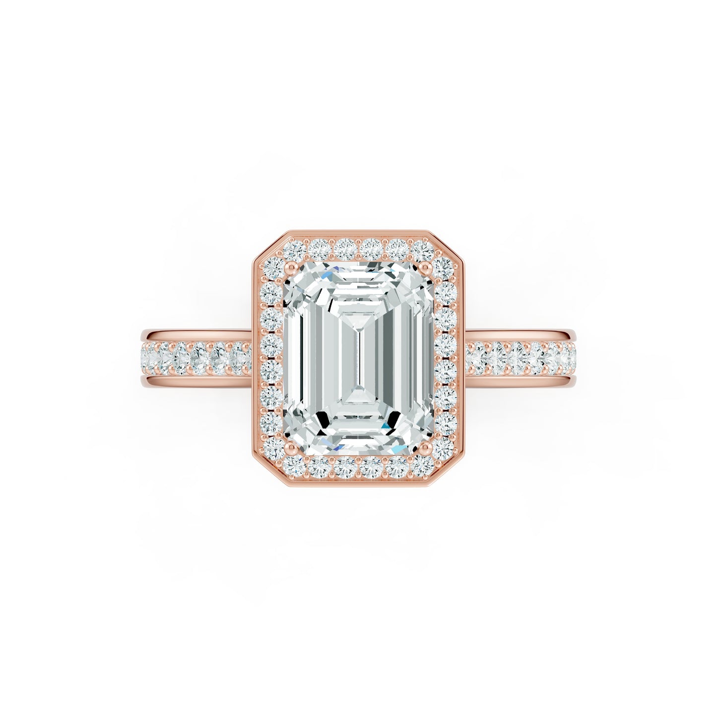 Emerald Cut Halo Moissanite Engagement Ring with Pavé Band