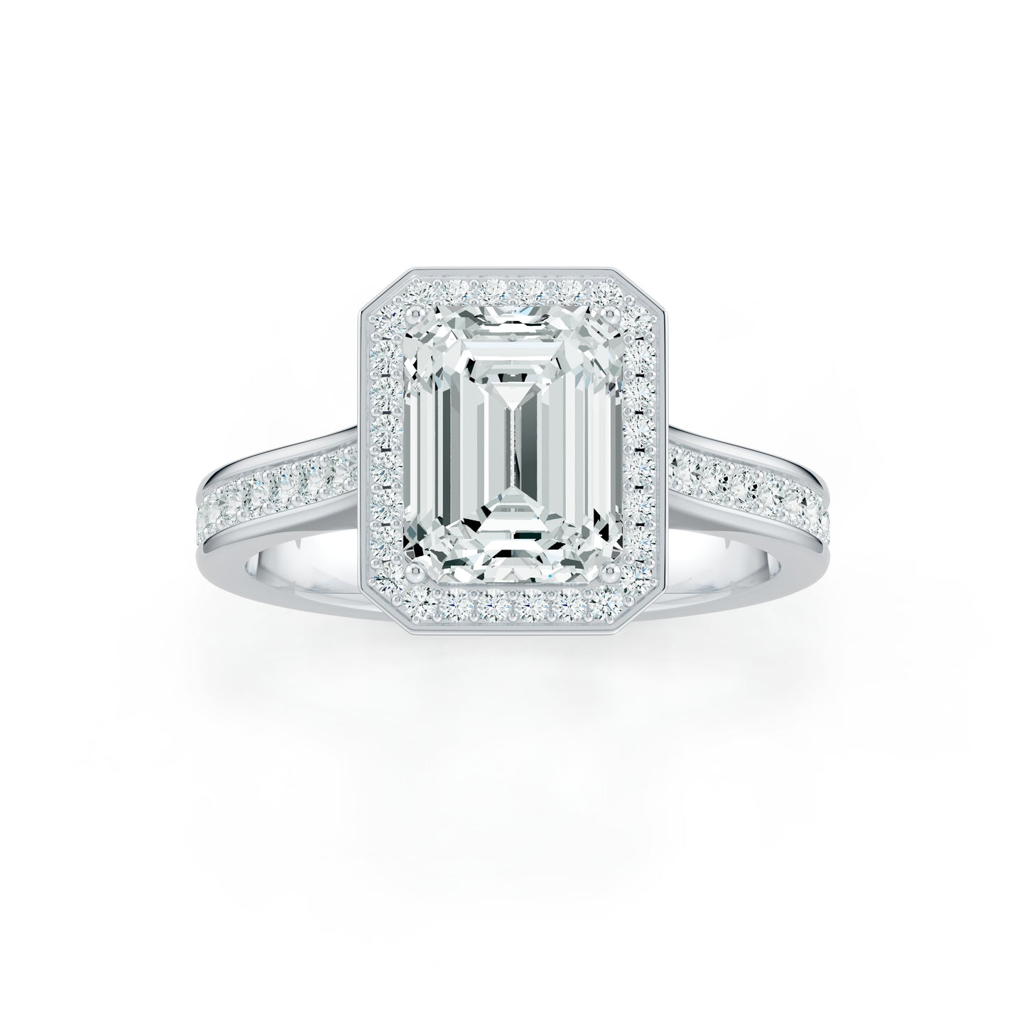 Emerald Cut Halo Moissanite Engagement Ring with Pavé Band