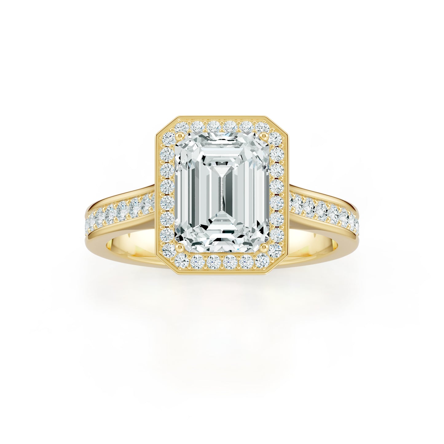 Emerald Cut Halo Moissanite Engagement Ring with Pavé Band