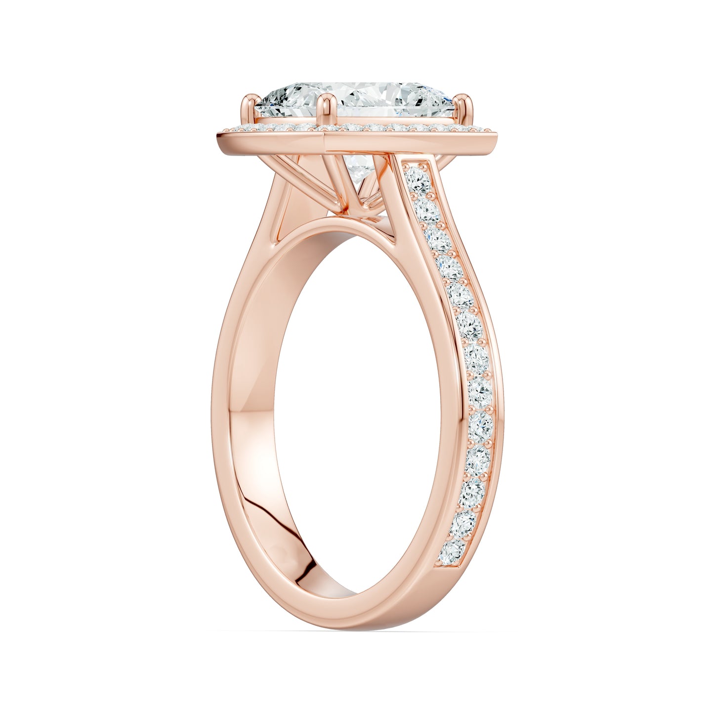 Rectangular Cushion Halo Moissanite Engagement Ring with Pavé Band