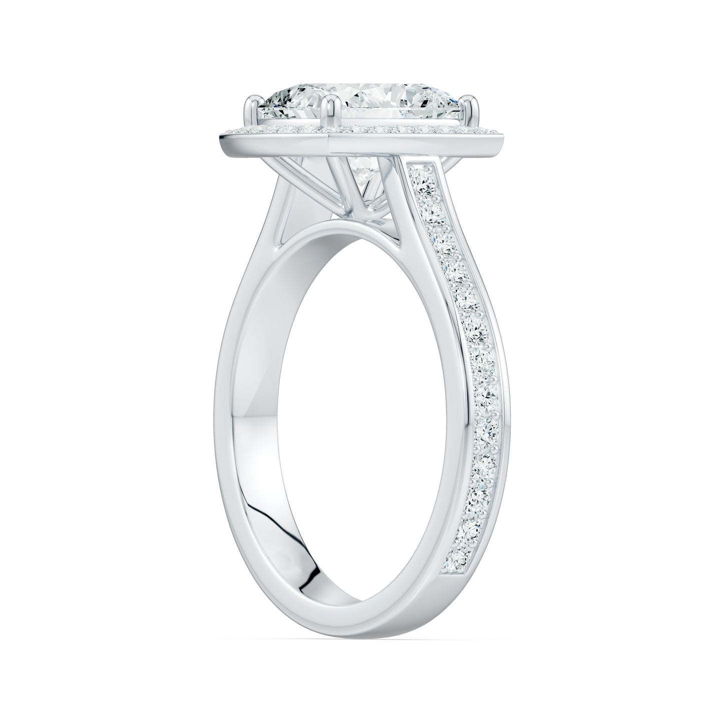 Rectangular Cushion Halo Moissanite Engagement Ring with Pavé Band