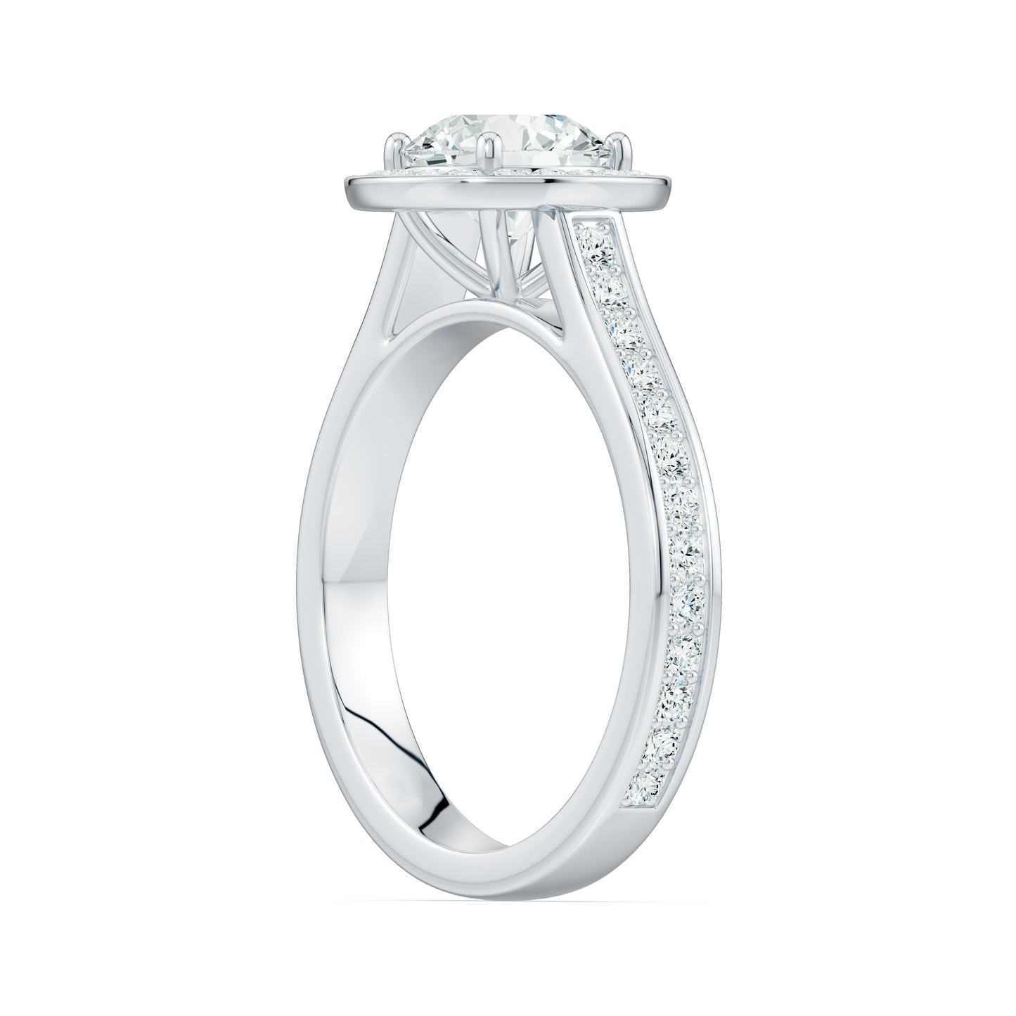 Round Cut Halo Moissanite Solitaire Engagement Ring with Pavé Band