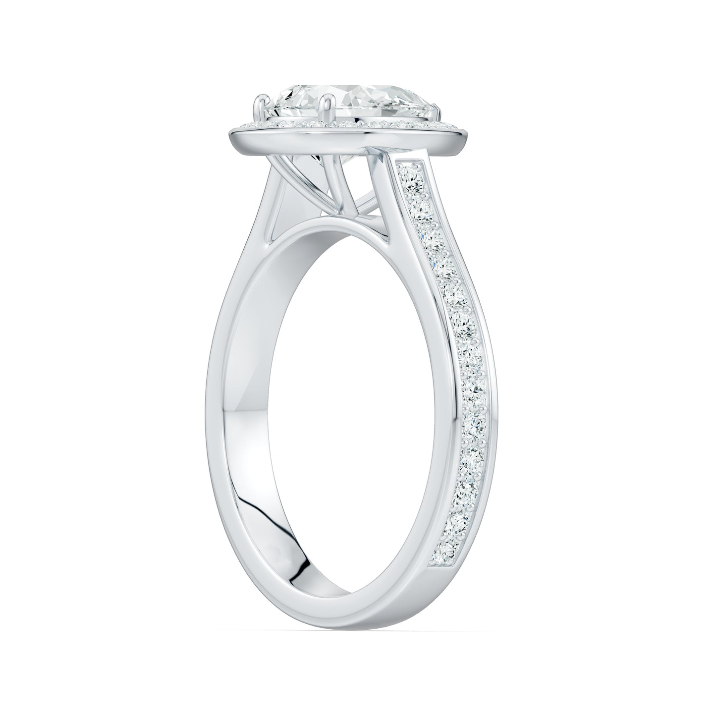 Pear Halo Moissanite Solitaire Engagement Ring with Pavé Side Stones