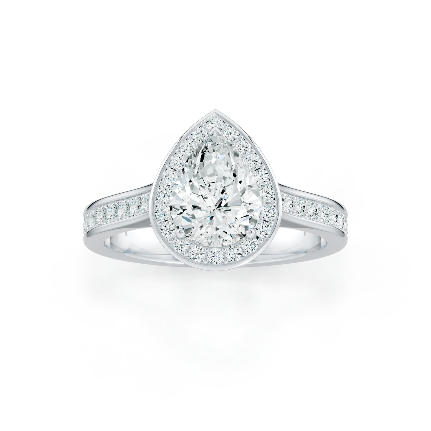 Pear Halo Moissanite Solitaire Engagement Ring with Pavé Side Stones
