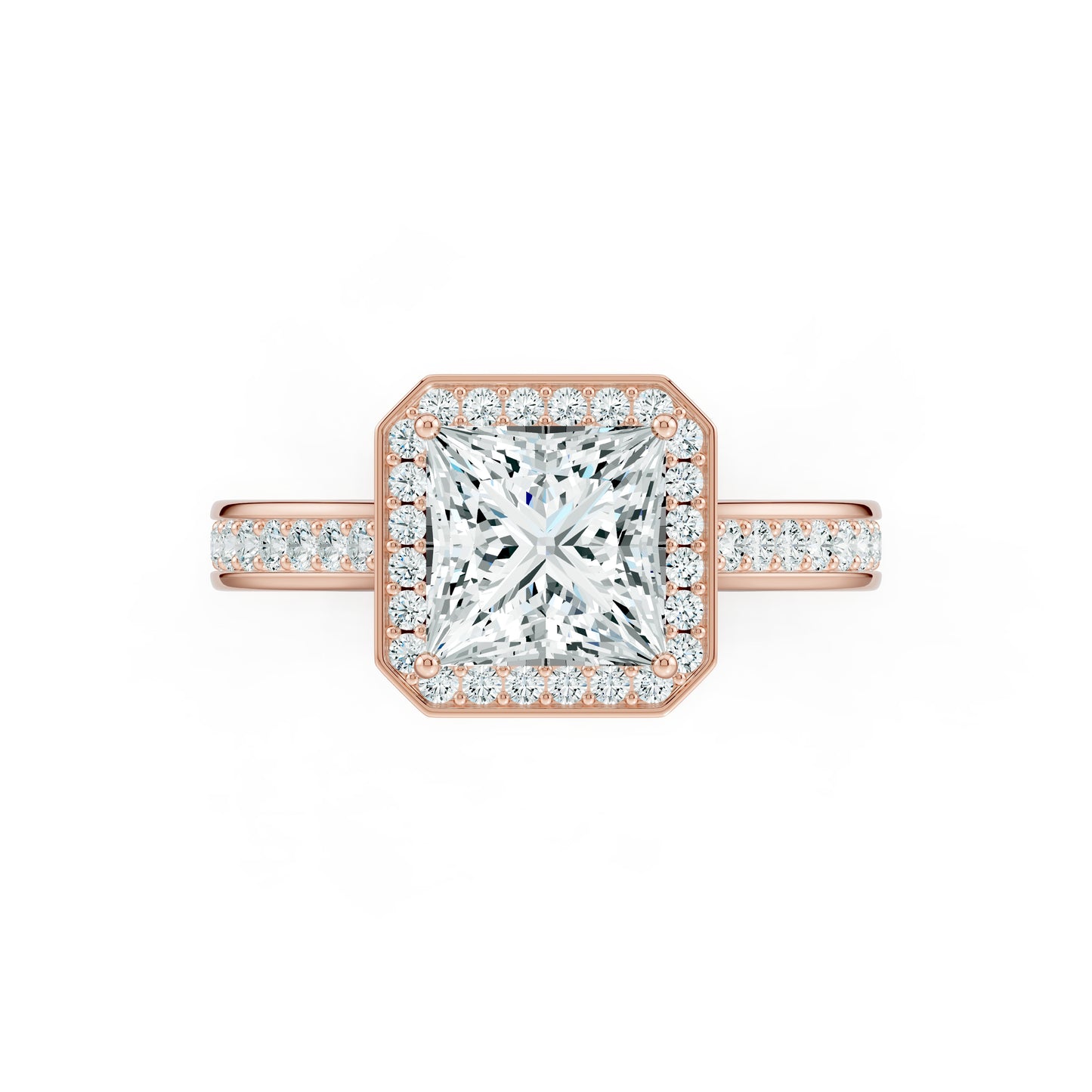 Princess Cut Halo Moissanite Engagement Ring with Pavé Band