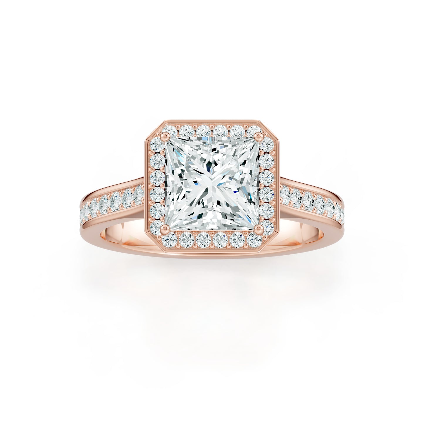 Princess Cut Halo Moissanite Engagement Ring with Pavé Band