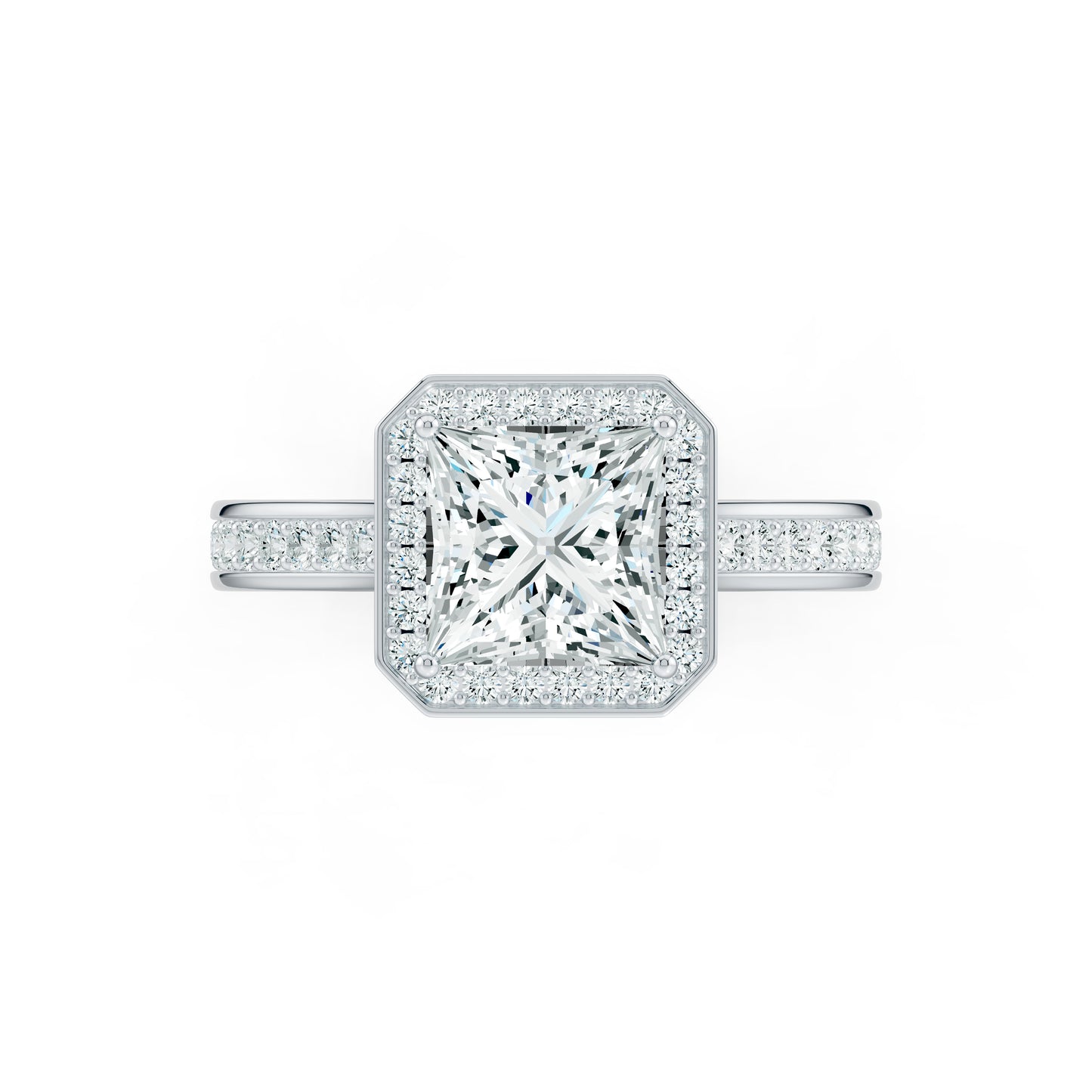 Princess Cut Halo Moissanite Engagement Ring with Pavé Band