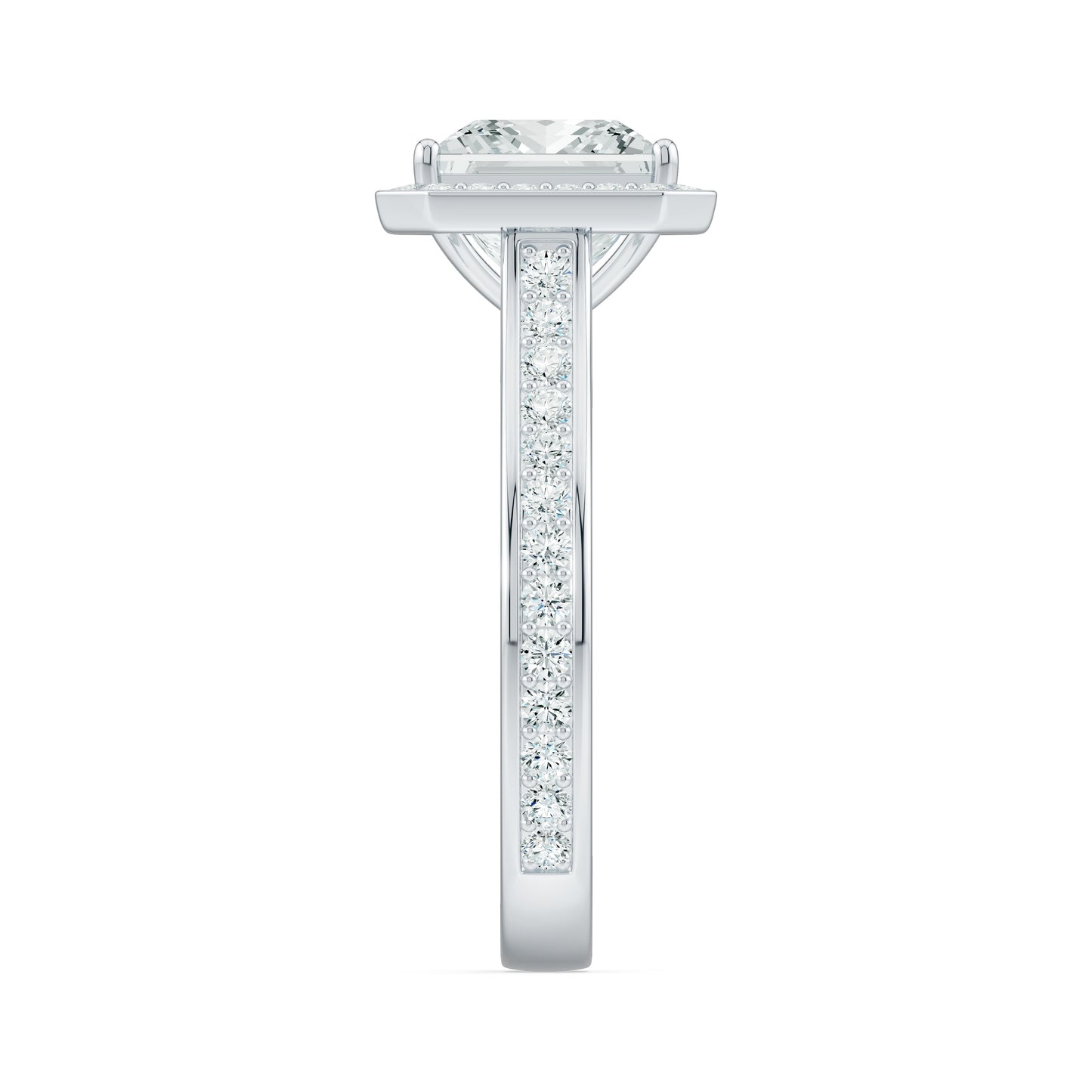 Princess Cut Halo Moissanite Engagement Ring with Pavé Band
