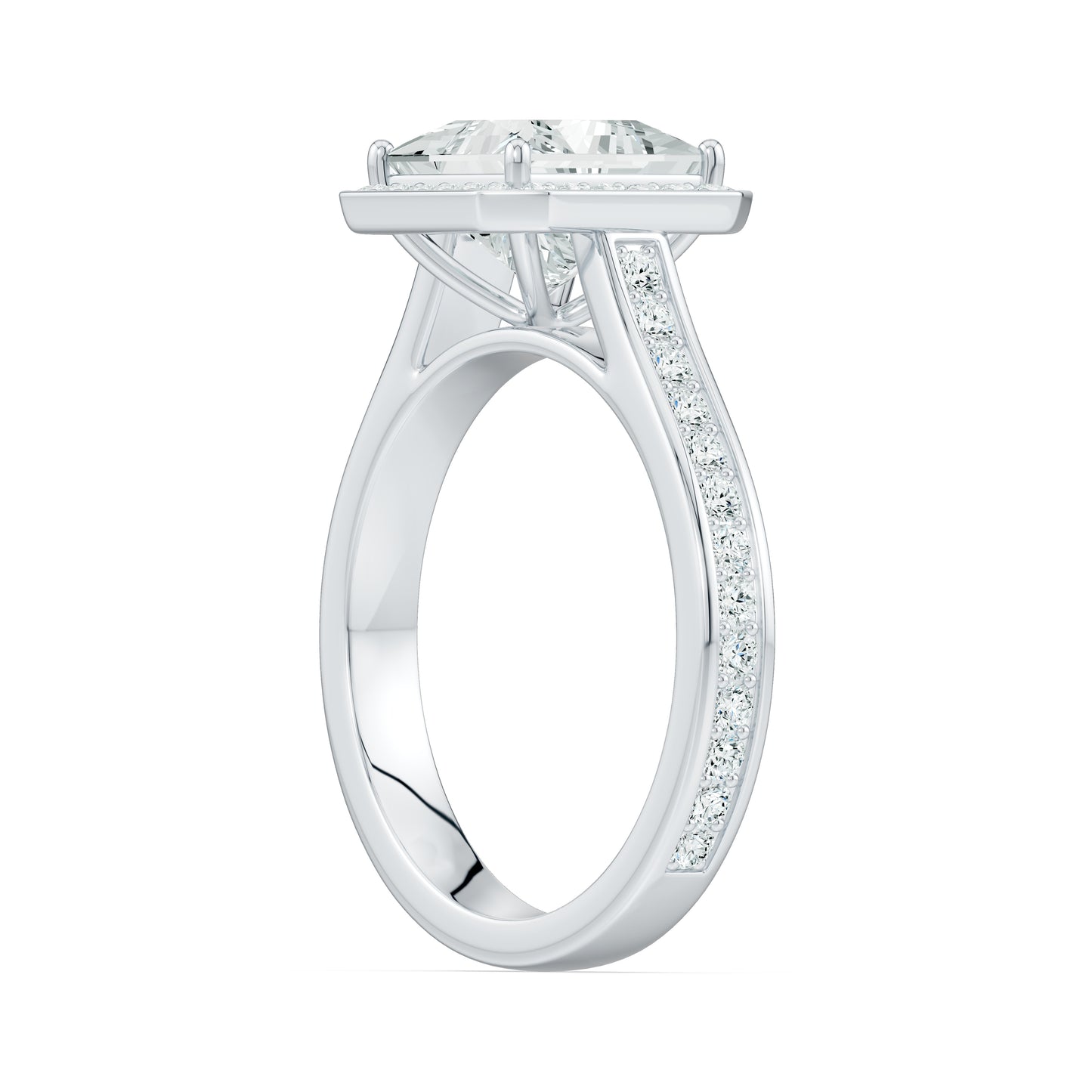 Princess Cut Halo Moissanite Engagement Ring with Pavé Band