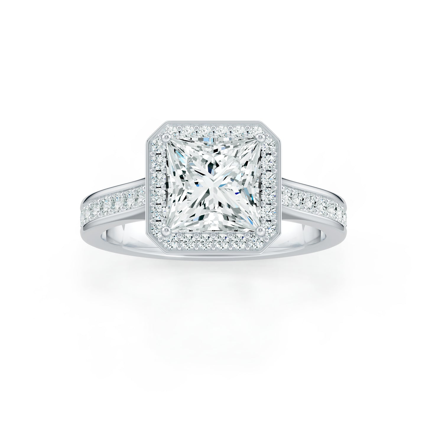 Princess Cut Halo Moissanite Engagement Ring with Pavé Band