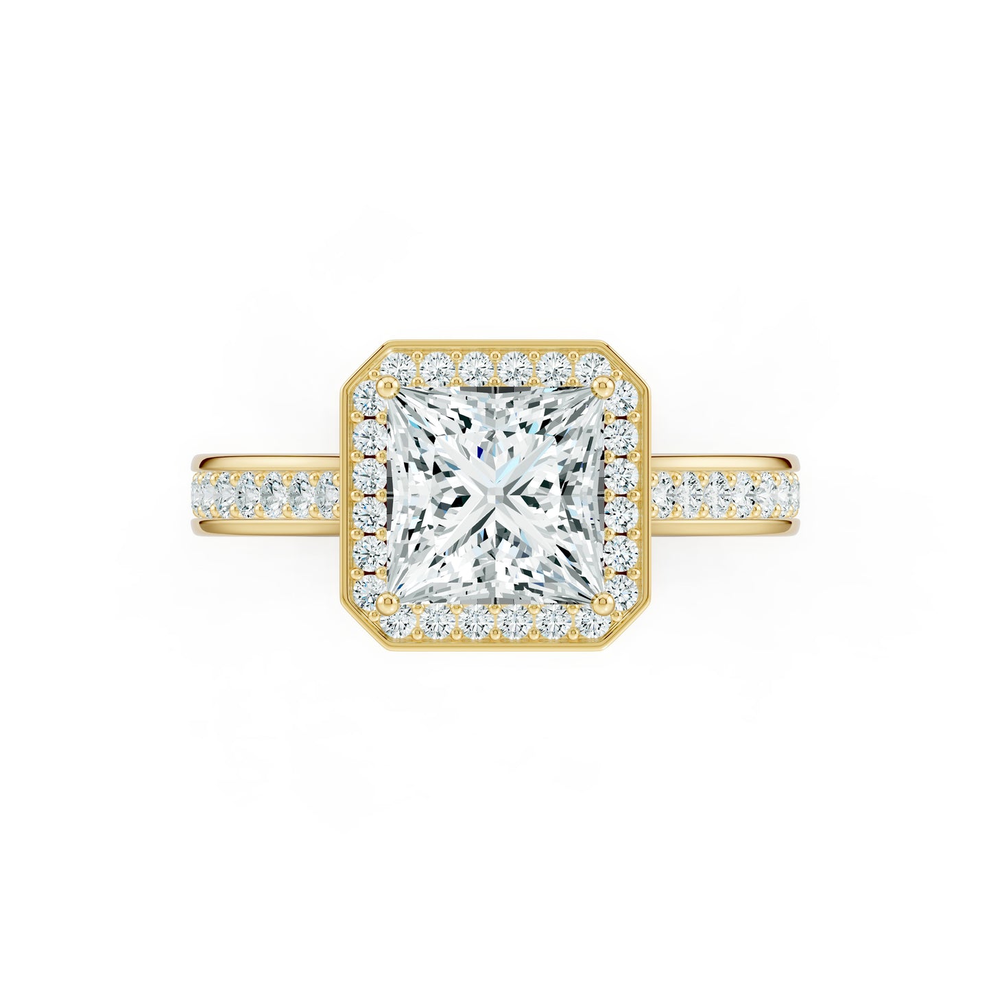 Princess Cut Halo Moissanite Engagement Ring with Pavé Band
