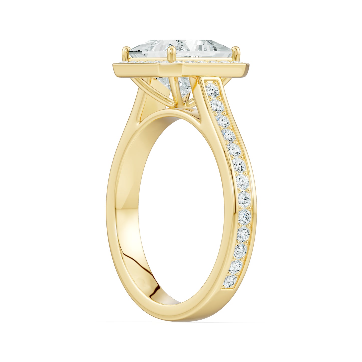 Princess Cut Halo Moissanite Engagement Ring with Pavé Band