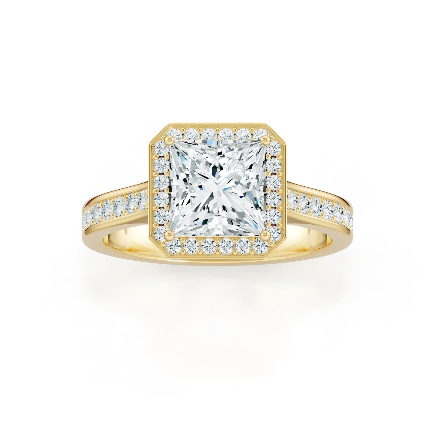 Princess Cut Halo Moissanite Engagement Ring with Pavé Band