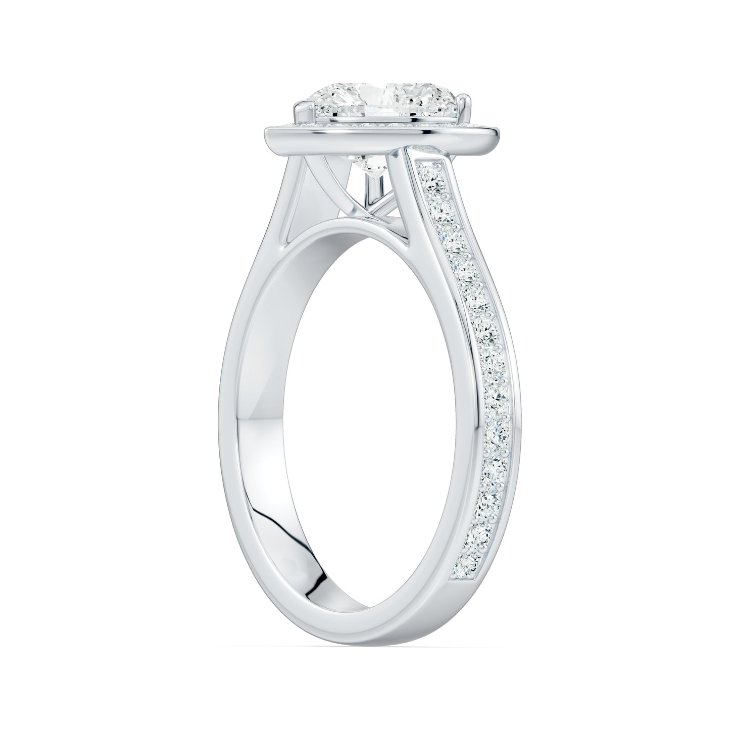 Heart Shape Halo Moissanite Engagement Ring with Pavé Side Stones