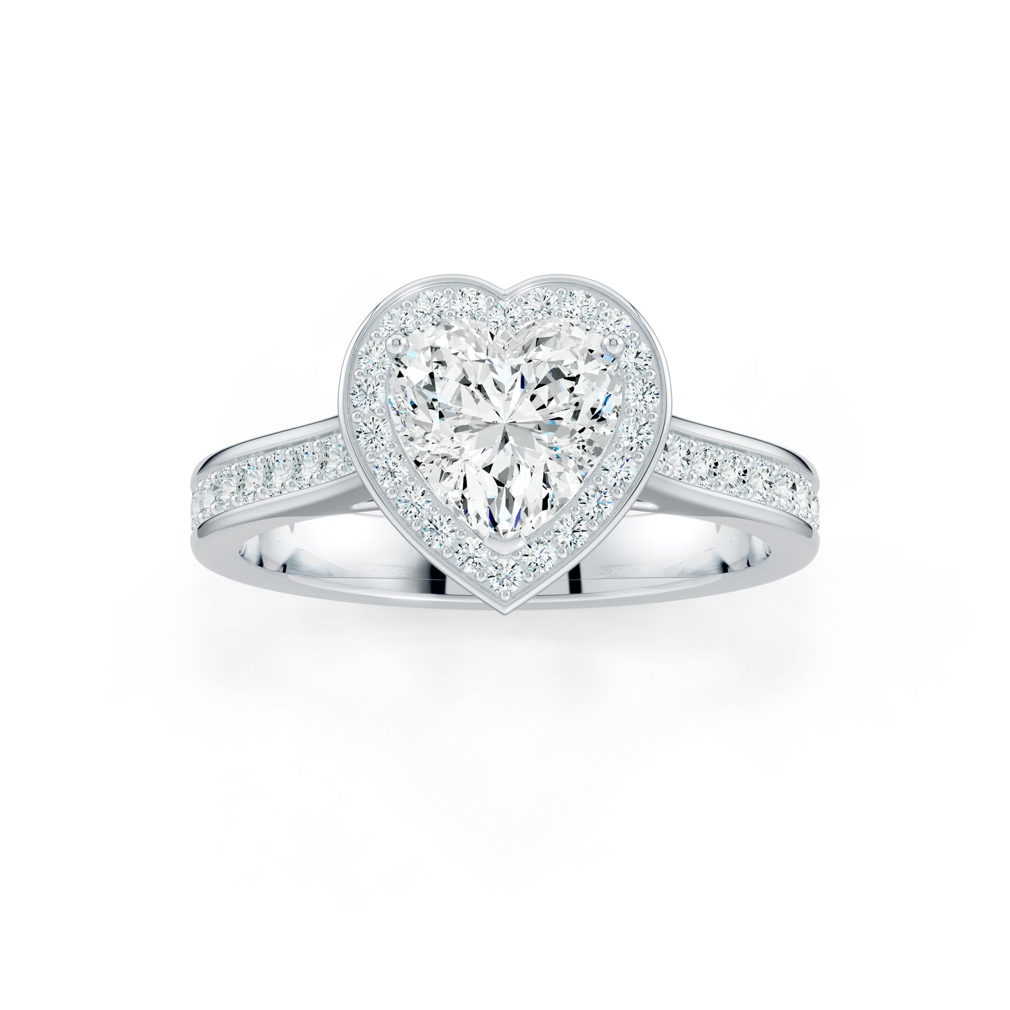 Heart Shape Halo Moissanite Engagement Ring with Pavé Side Stones
