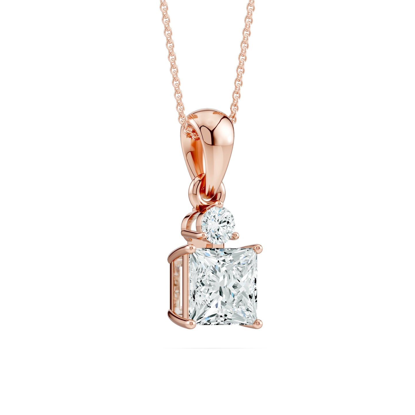 Two-Stone Moissanite Pendant | 6mm Princess & 3mm Round Moissanite Necklace in 14k Gold & Silver