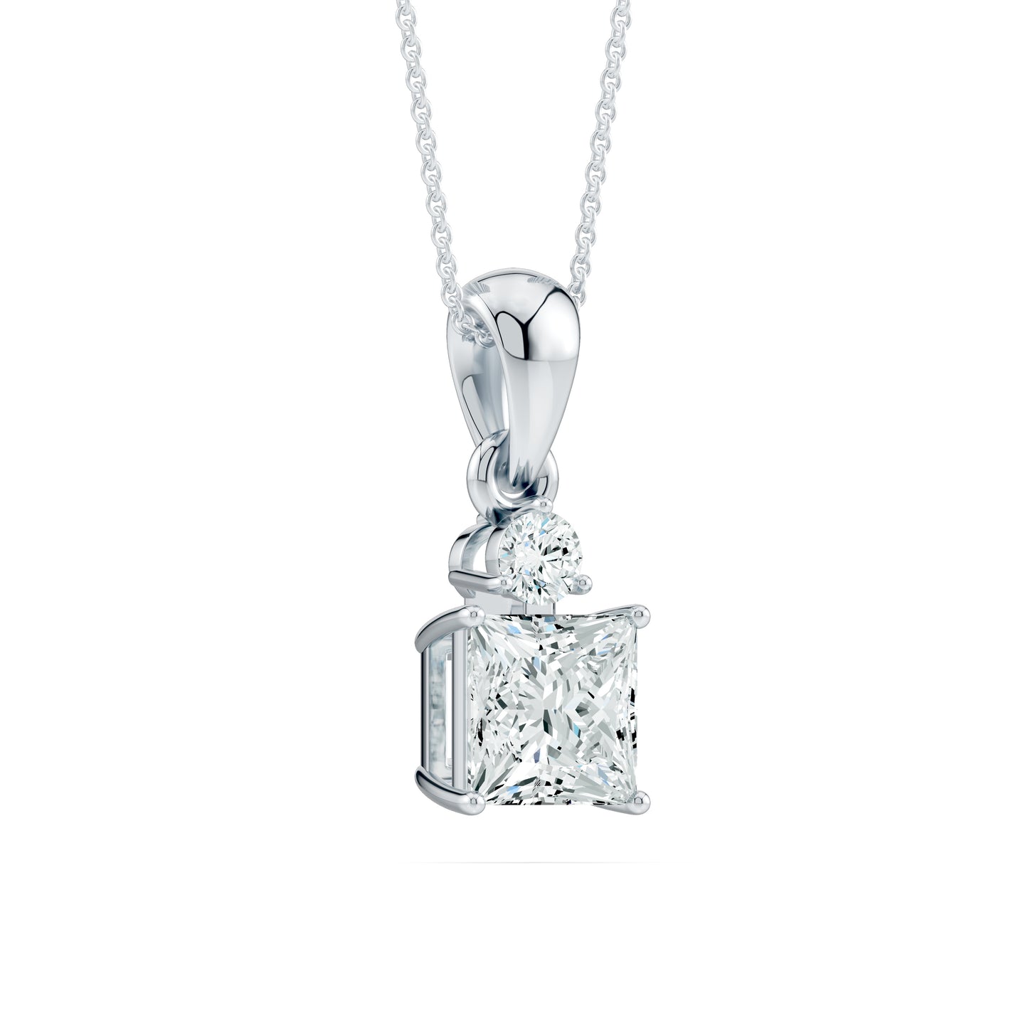 Two-Stone Moissanite Pendant | 6mm Princess & 3mm Round Moissanite Necklace in 14k Gold & Silver
