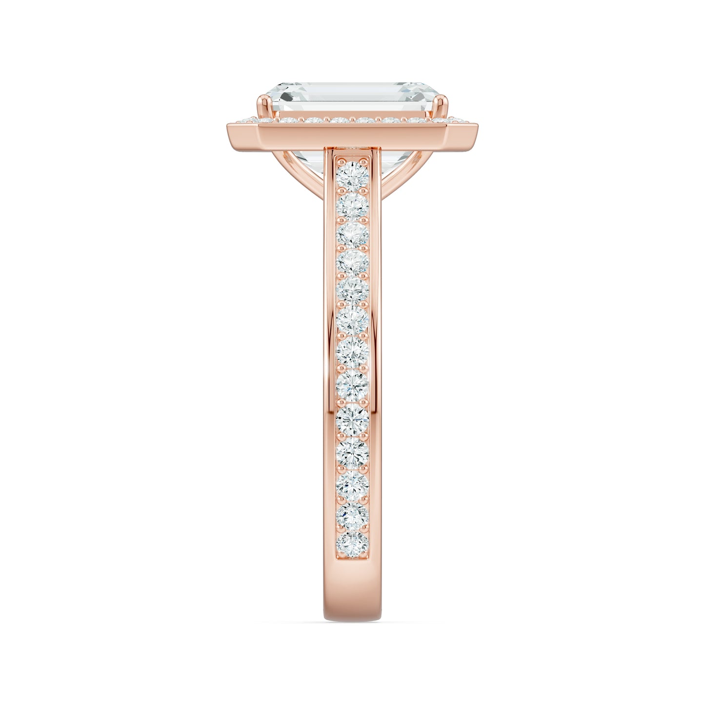 Emerald Cut Halo Moissanite Engagement Ring with Pavé Band