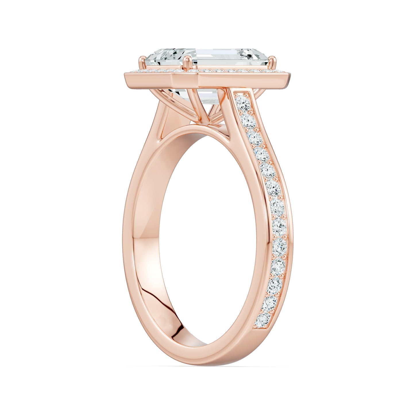 Emerald Cut Halo Moissanite Engagement Ring with Pavé Band