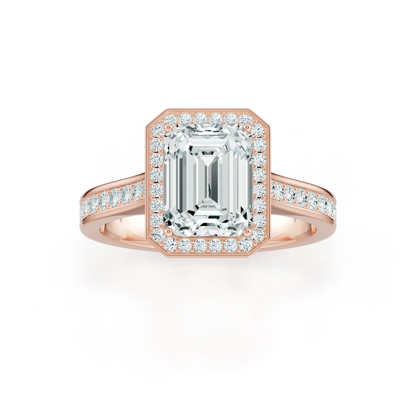 Emerald Cut Halo Moissanite Engagement Ring with Pavé Band