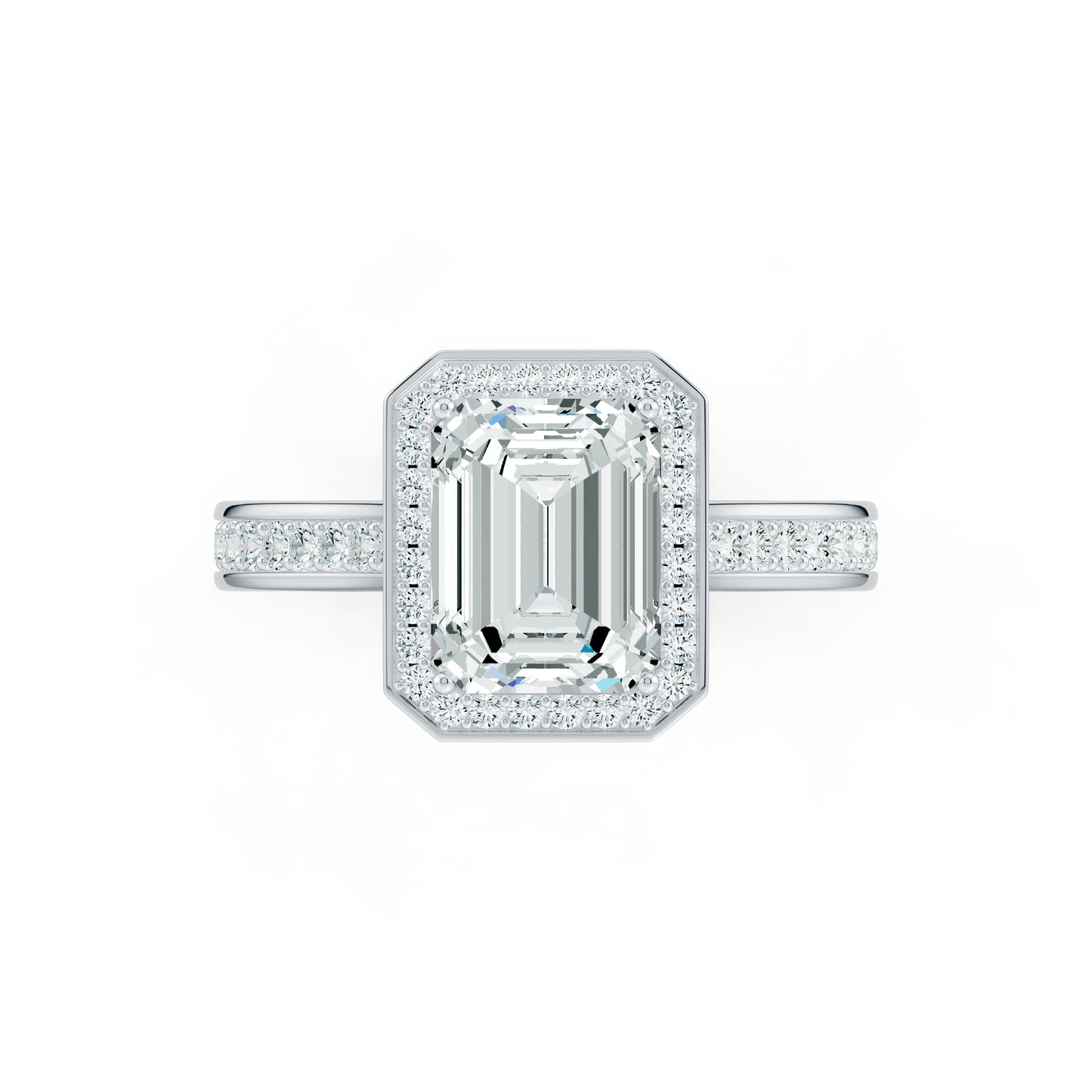 Emerald Cut Halo Moissanite Engagement Ring with Pavé Band