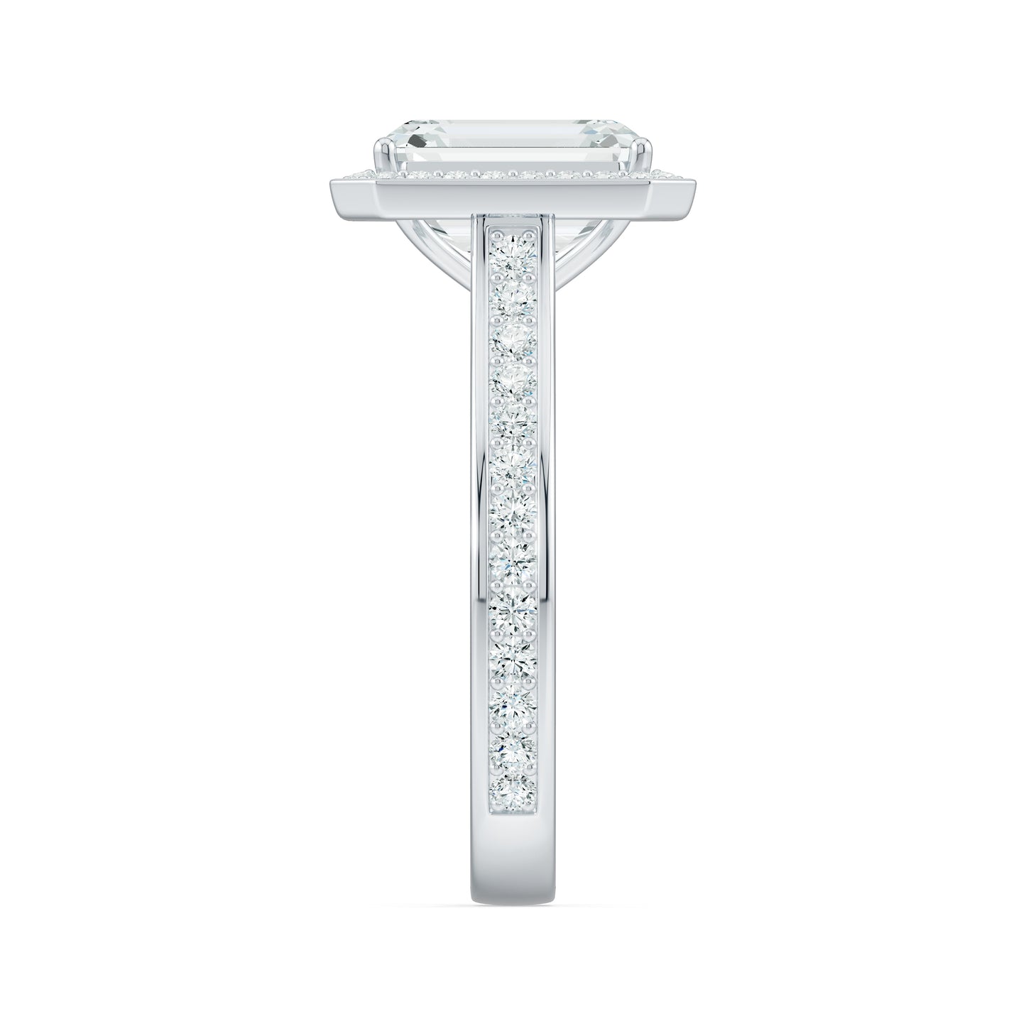 Emerald Cut Halo Moissanite Engagement Ring with Pavé Band