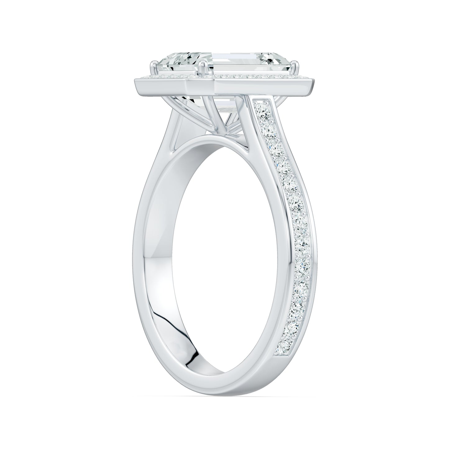 Emerald Cut Halo Moissanite Engagement Ring with Pavé Band