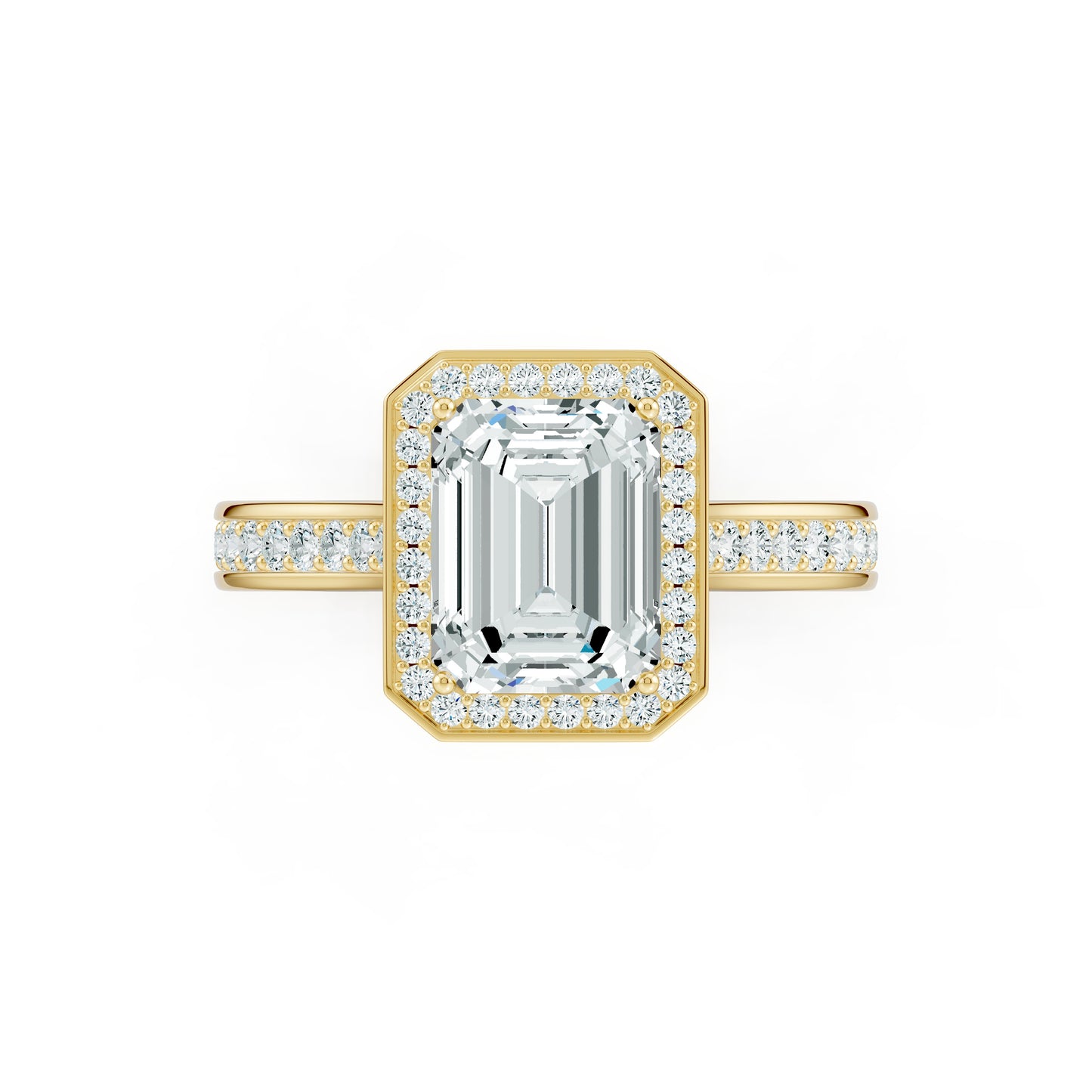 Emerald Cut Halo Moissanite Engagement Ring with Pavé Band