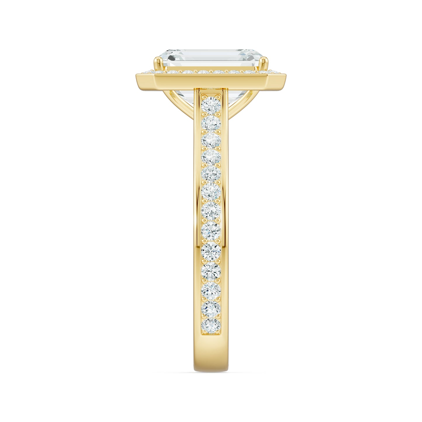 Emerald Cut Halo Moissanite Engagement Ring with Pavé Band