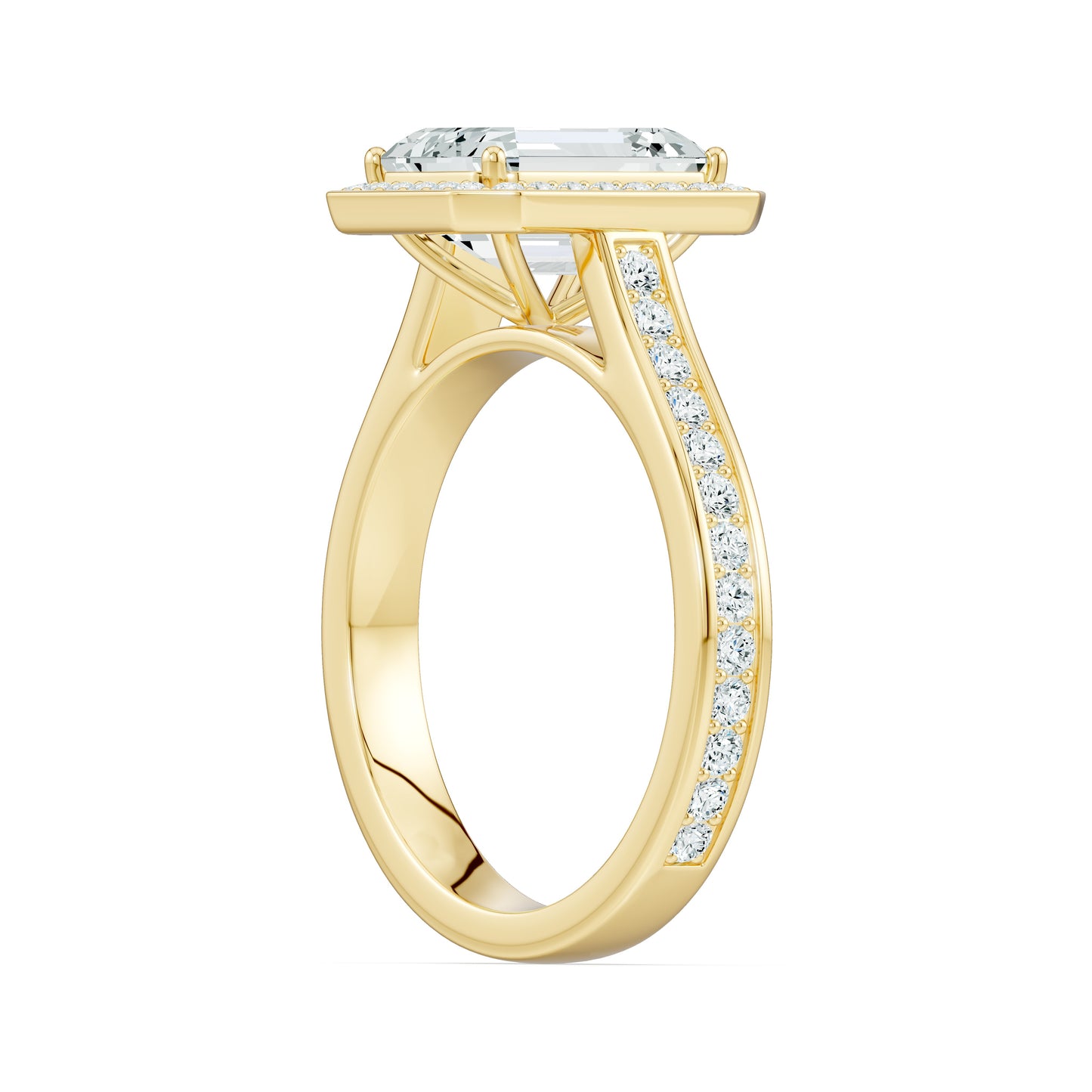 Emerald Cut Halo Moissanite Engagement Ring with Pavé Band
