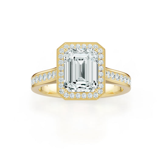 Emerald Cut Halo Moissanite Engagement Ring with Pavé Band