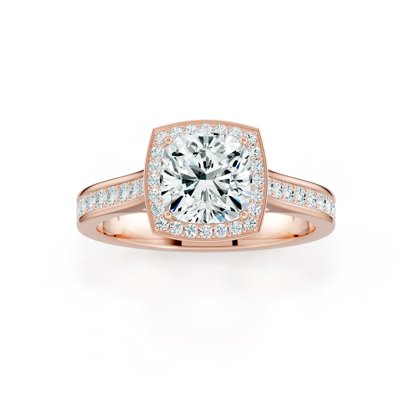 Cushion Cut Halo Moissanite Engagement Ring with Pavé Side Stones