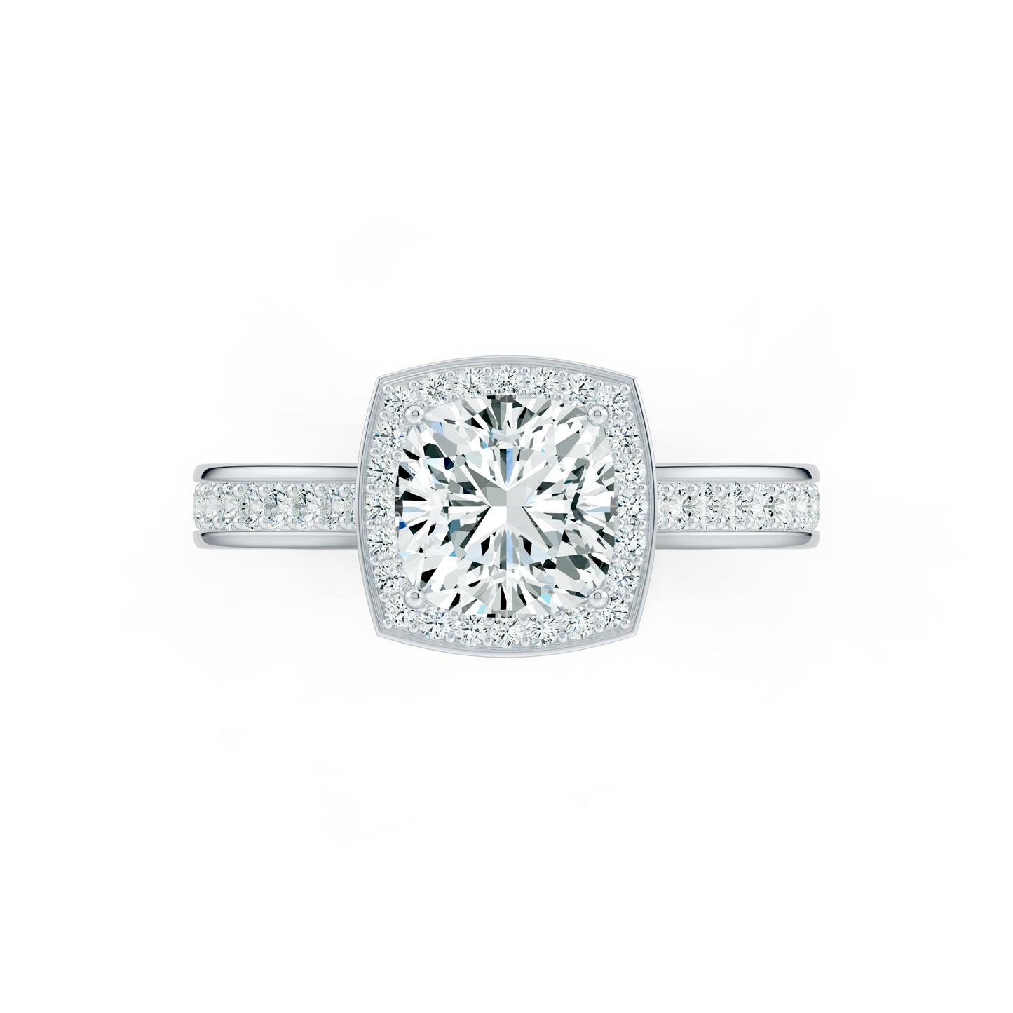 Cushion Cut Halo Moissanite Engagement Ring with Pavé Side Stones