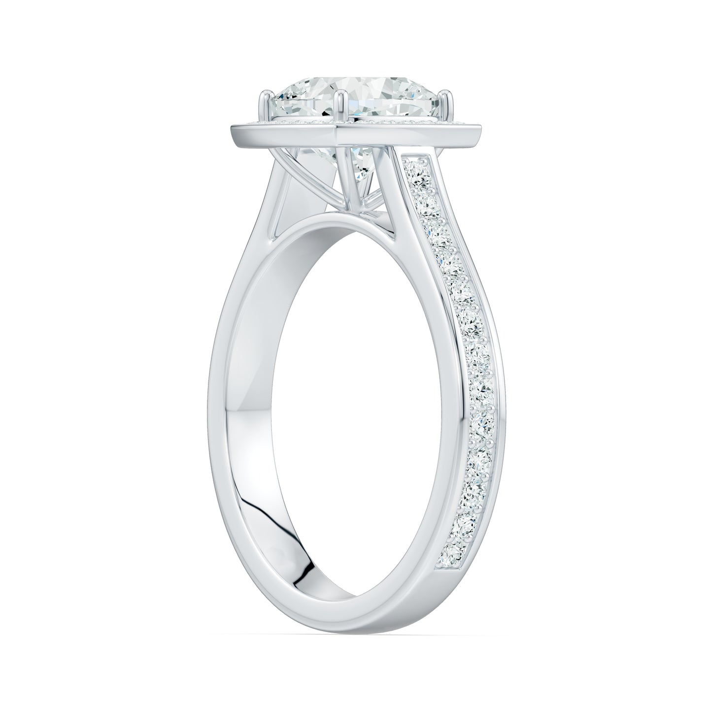 Cushion Cut Halo Moissanite Engagement Ring with Pavé Side Stones