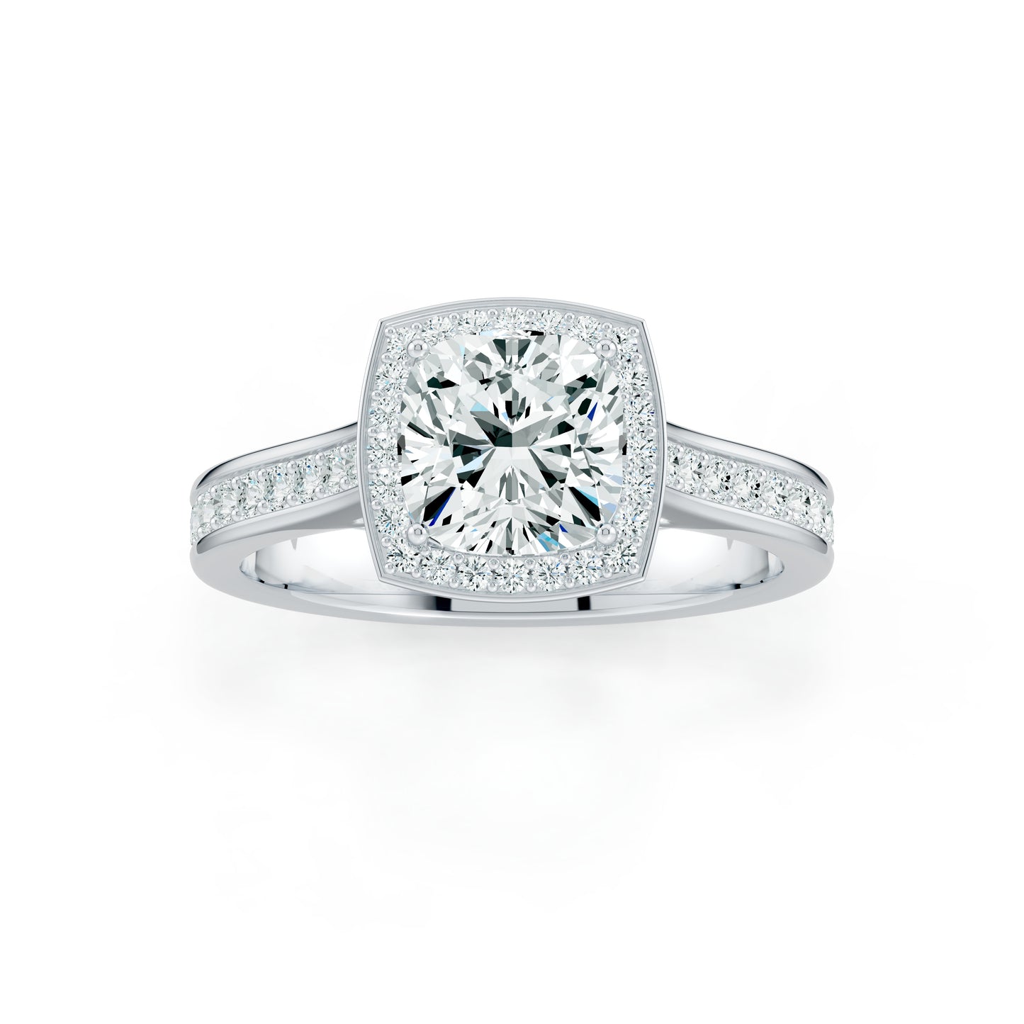 Cushion Cut Halo Moissanite Engagement Ring with Pavé Side Stones