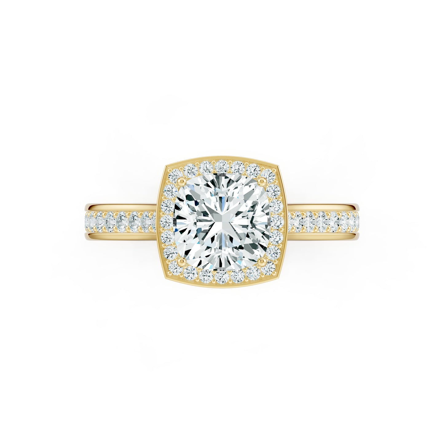Cushion Cut Halo Moissanite Engagement Ring with Pavé Side Stones