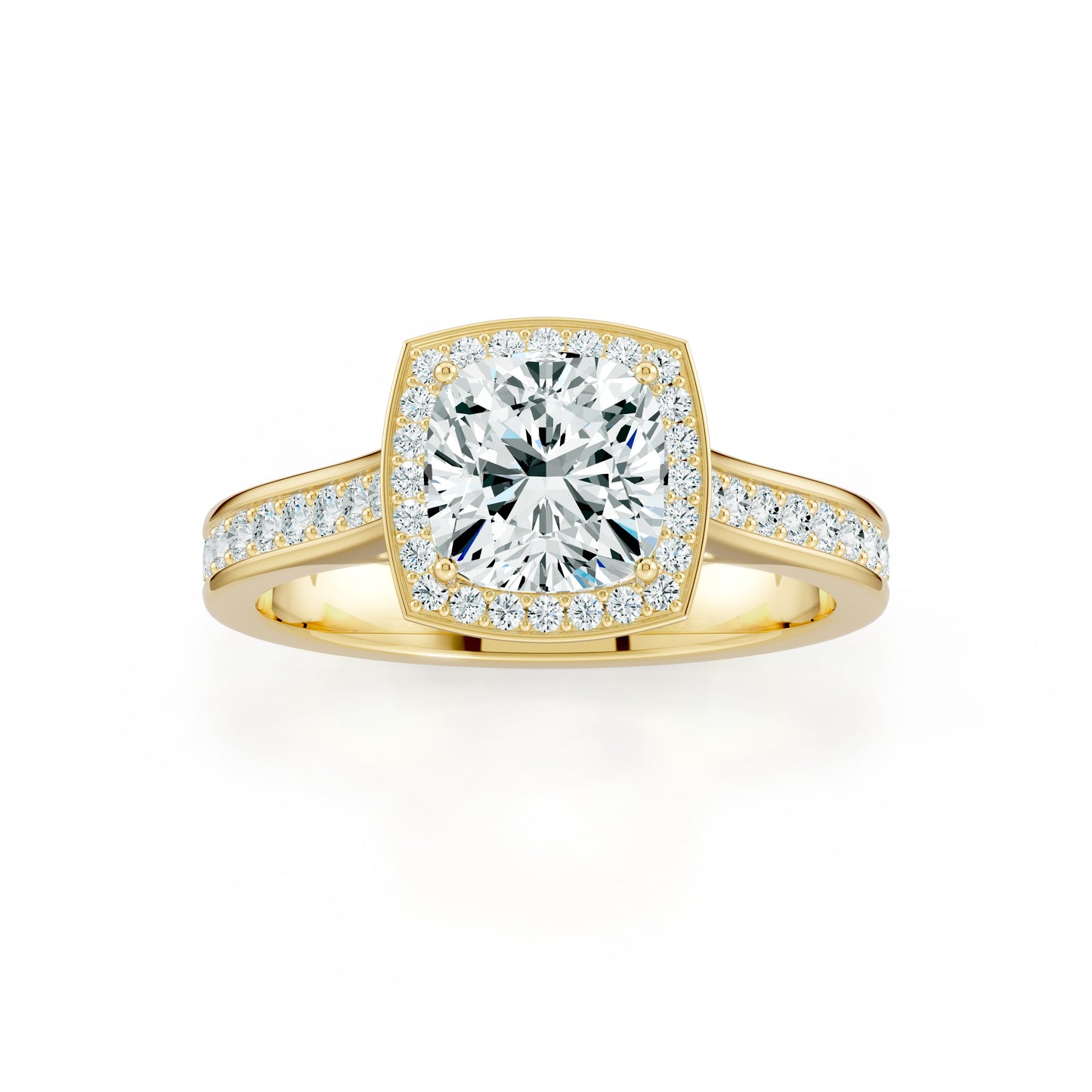 Cushion Cut Halo Moissanite Engagement Ring with Pavé Side Stones