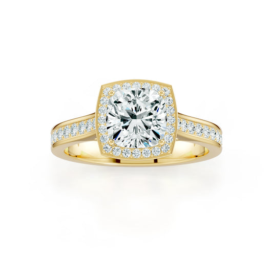 Cushion Cut Halo Moissanite Engagement Ring with Pavé Side Stones