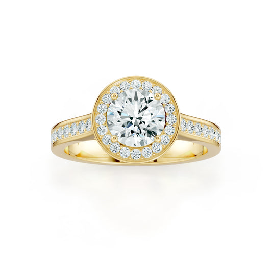 Round Cut Halo Moissanite Solitaire Engagement Ring with Pavé Band