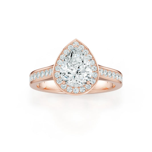 Pear Halo Moissanite Solitaire Engagement Ring with Pavé Side Stones